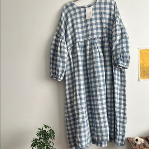 OffOn Blue and White Checkered Dress 100%linen NWT